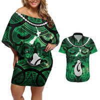 Personalised Maori Matariki Hei Matau Kakariki Couples Matching Off Shoulder Short Dress and Hawaiian Shirt Maori Kowhaiwhai Pattern Galaxy