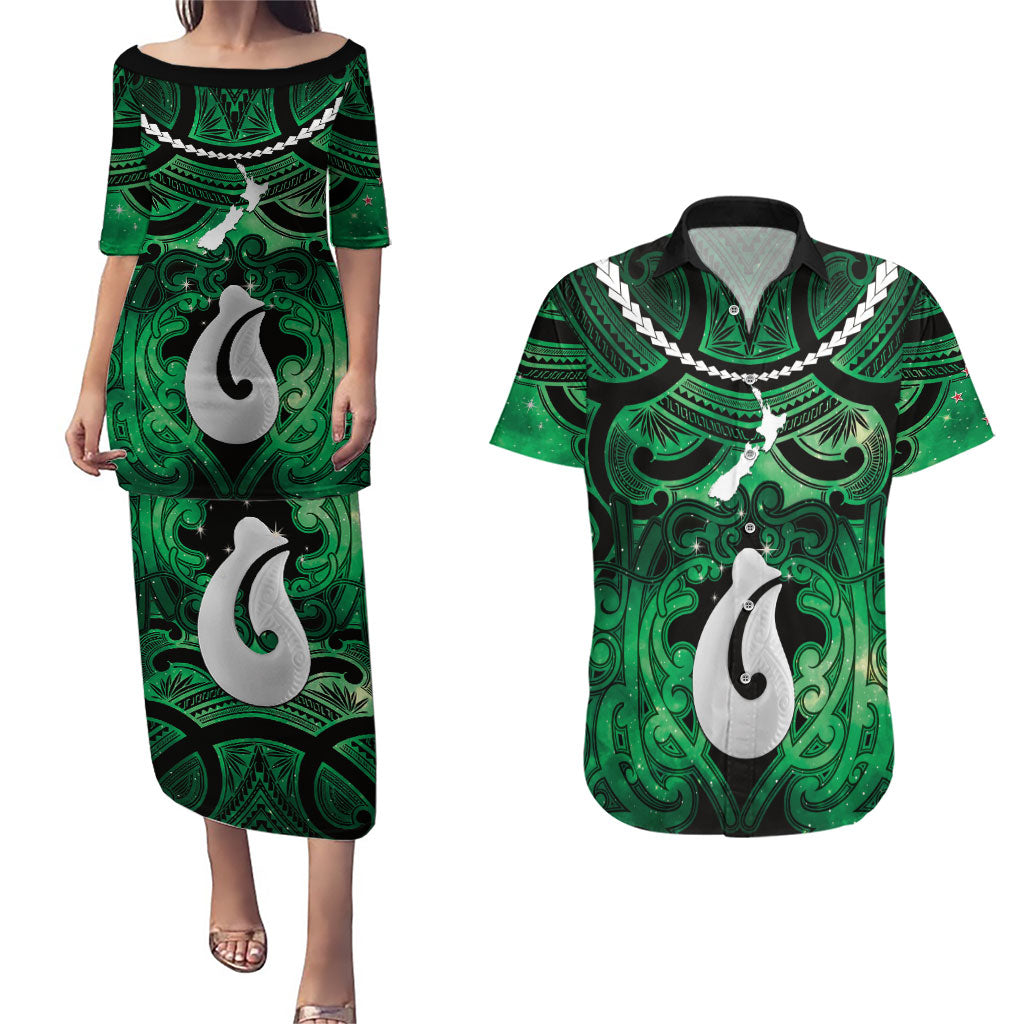 Personalised Maori Matariki Hei Matau Kakariki Couples Matching Puletasi and Hawaiian Shirt Maori Kowhaiwhai Pattern Galaxy LT01 Green - Polynesian Pride