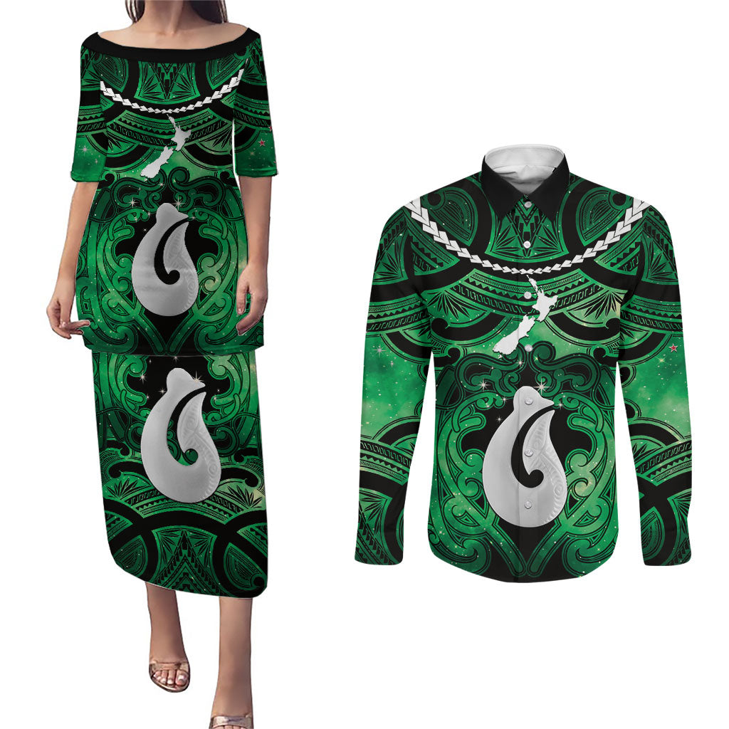 Personalised Maori Matariki Hei Matau Kakariki Couples Matching Puletasi and Long Sleeve Button Shirt Maori Kowhaiwhai Pattern Galaxy LT01 Green - Polynesian Pride
