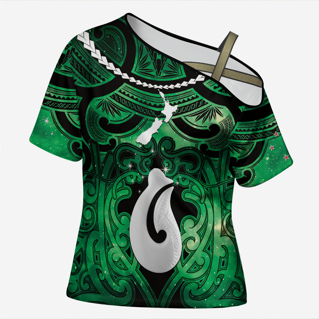 Personalised Maori Matariki Hei Matau Kakariki Cross Shoulder Shirt Maori Kowhaiwhai Pattern Galaxy LT01 Female Green - Polynesian Pride