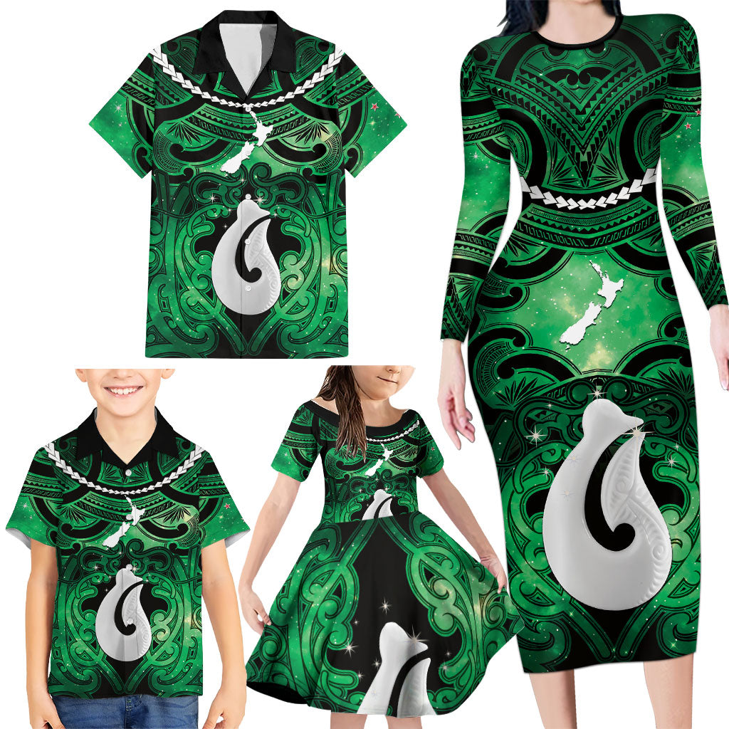 Personalised Maori Matariki Hei Matau Kakariki Family Matching Long Sleeve Bodycon Dress and Hawaiian Shirt Maori Kowhaiwhai Pattern Galaxy