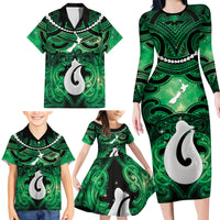 Personalised Maori Matariki Hei Matau Kakariki Family Matching Long Sleeve Bodycon Dress and Hawaiian Shirt Maori Kowhaiwhai Pattern Galaxy