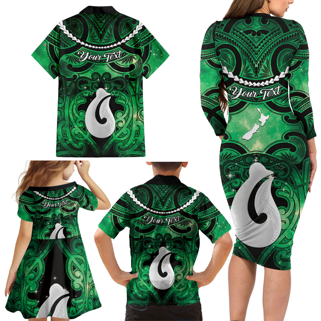 Personalised Maori Matariki Hei Matau Kakariki Family Matching Long Sleeve Bodycon Dress and Hawaiian Shirt Maori Kowhaiwhai Pattern Galaxy