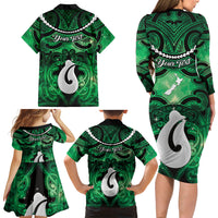 Personalised Maori Matariki Hei Matau Kakariki Family Matching Long Sleeve Bodycon Dress and Hawaiian Shirt Maori Kowhaiwhai Pattern Galaxy