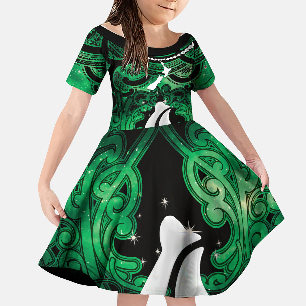 Personalised Maori Matariki Hei Matau Kakariki Family Matching Off The Shoulder Long Sleeve Dress and Hawaiian Shirt Maori Kowhaiwhai Pattern Galaxy