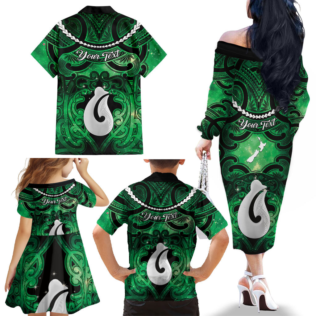 Personalised Maori Matariki Hei Matau Kakariki Family Matching Off The Shoulder Long Sleeve Dress and Hawaiian Shirt Maori Kowhaiwhai Pattern Galaxy