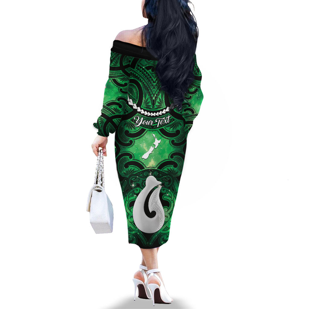 Personalised Maori Matariki Hei Matau Kakariki Family Matching Off The Shoulder Long Sleeve Dress and Hawaiian Shirt Maori Kowhaiwhai Pattern Galaxy