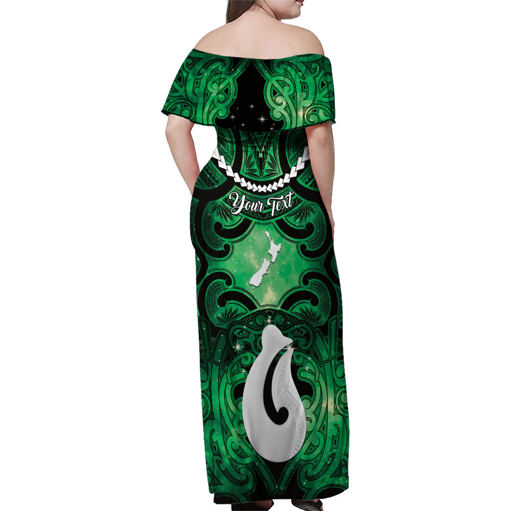 Personalised Maori Matariki Hei Matau Kakariki Family Matching Off Shoulder Maxi Dress and Hawaiian Shirt Maori Kowhaiwhai Pattern Galaxy