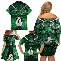 Personalised Maori Matariki Hei Matau Kakariki Family Matching Off Shoulder Short Dress and Hawaiian Shirt Maori Kowhaiwhai Pattern Galaxy