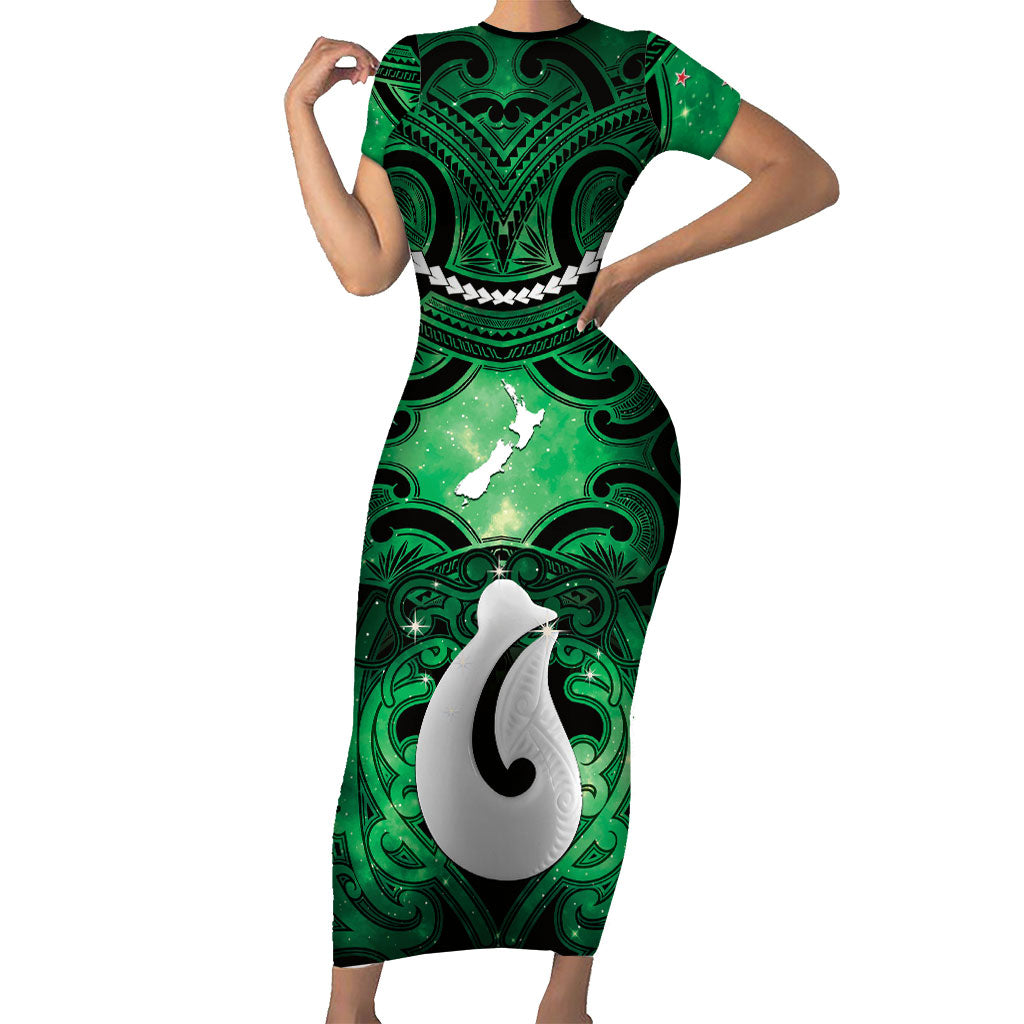 Personalised Maori Matariki Hei Matau Kakariki Family Matching Short Sleeve Bodycon Dress and Hawaiian Shirt Maori Kowhaiwhai Pattern Galaxy