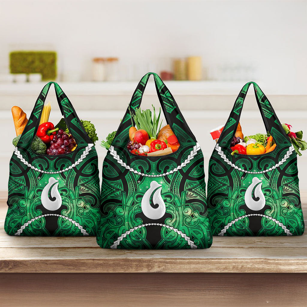 Maori Matariki Hei Matau Kakariki Grocery Bag Maori Kowhaiwhai Pattern Galaxy LT01 3-pack One Size Green - Polynesian Pride
