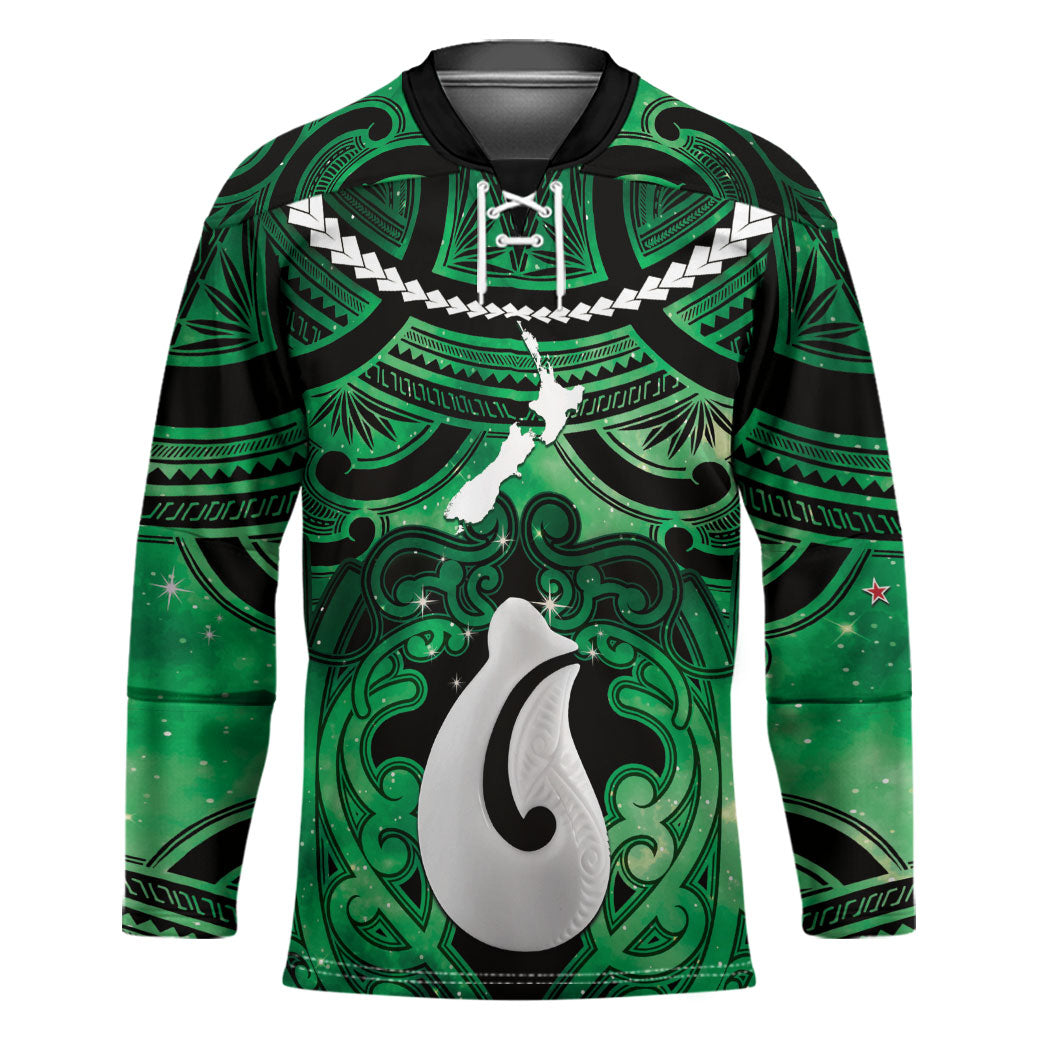 Personalised Maori Matariki Hei Matau Kakariki Hockey Jersey Maori Kowhaiwhai Pattern Galaxy LT01 Unisex Green - Polynesian Pride