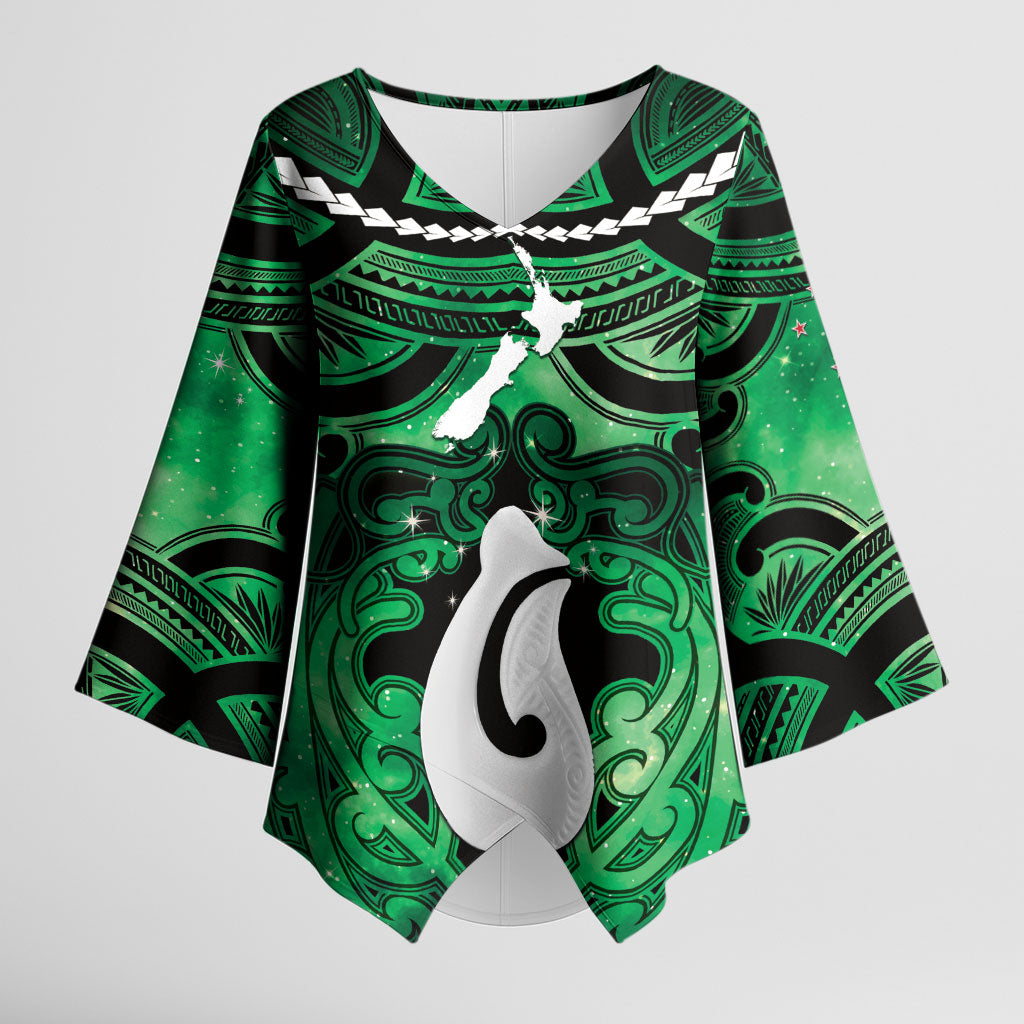 Personalised Maori Matariki Hei Matau Kakariki Kimono Sleeve Blouse Maori Kowhaiwhai Pattern Galaxy LT01 Female Green - Polynesian Pride