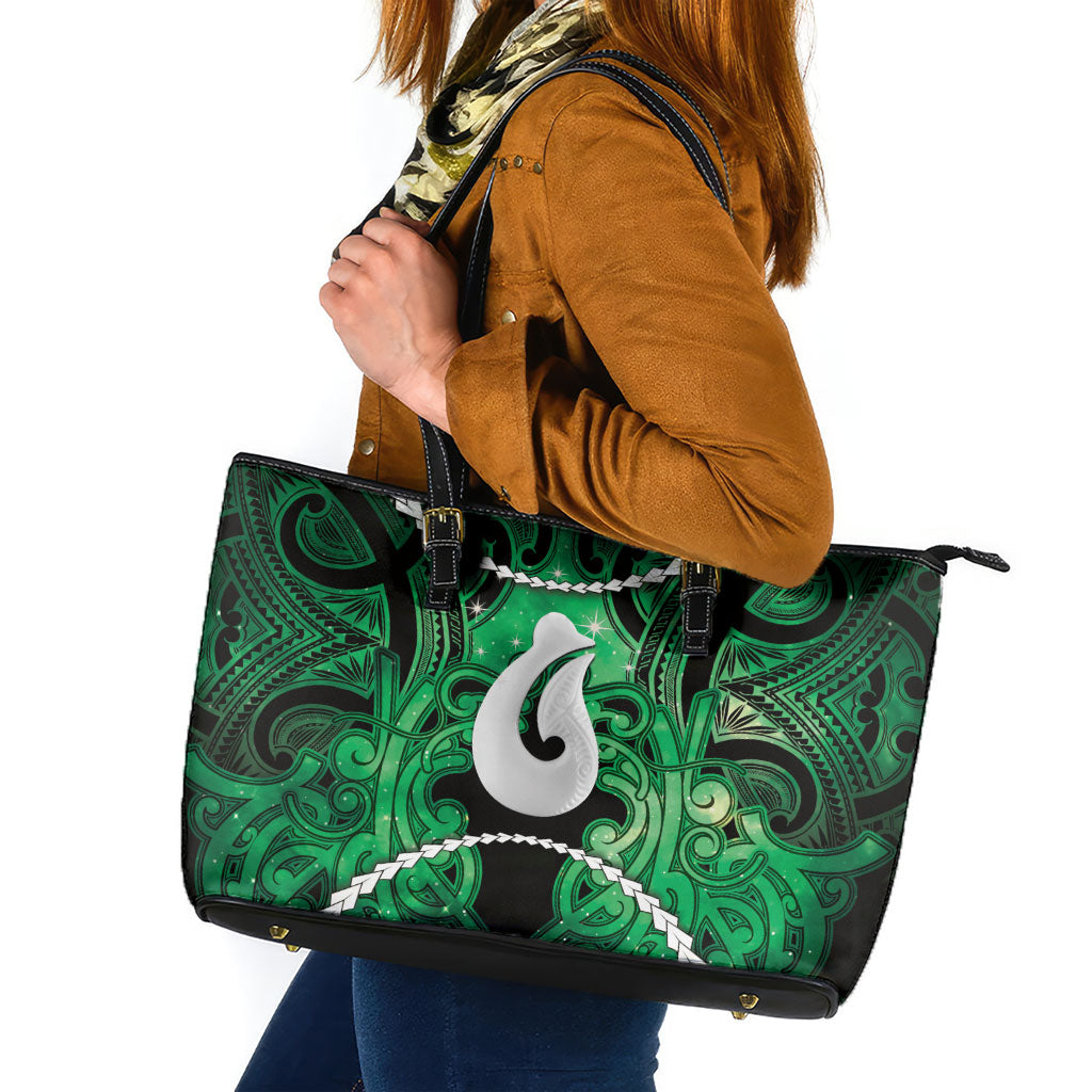 Maori Matariki Hei Matau Kakariki Leather Tote Bag Maori Kowhaiwhai Pattern Galaxy LT01 Green - Polynesian Pride