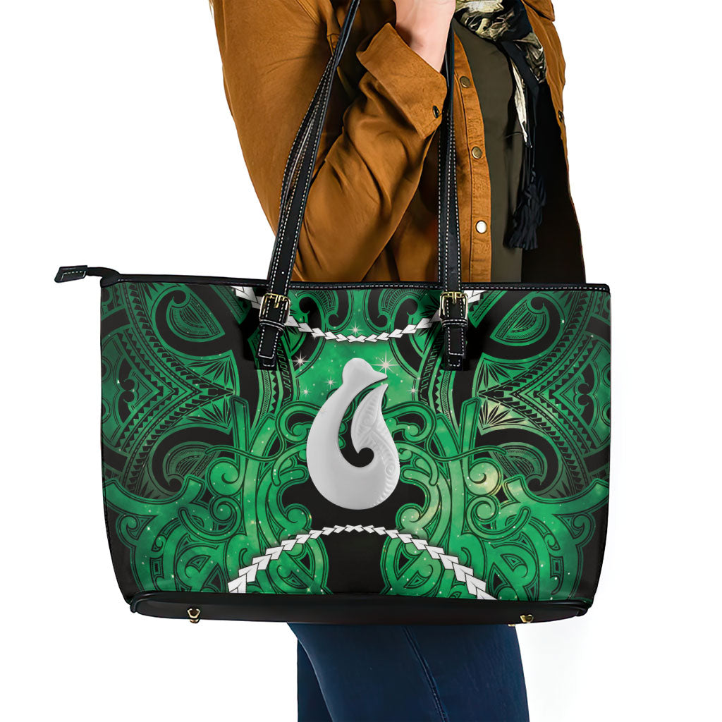 Maori Matariki Hei Matau Kakariki Leather Tote Bag Maori Kowhaiwhai Pattern Galaxy LT01 - Polynesian Pride