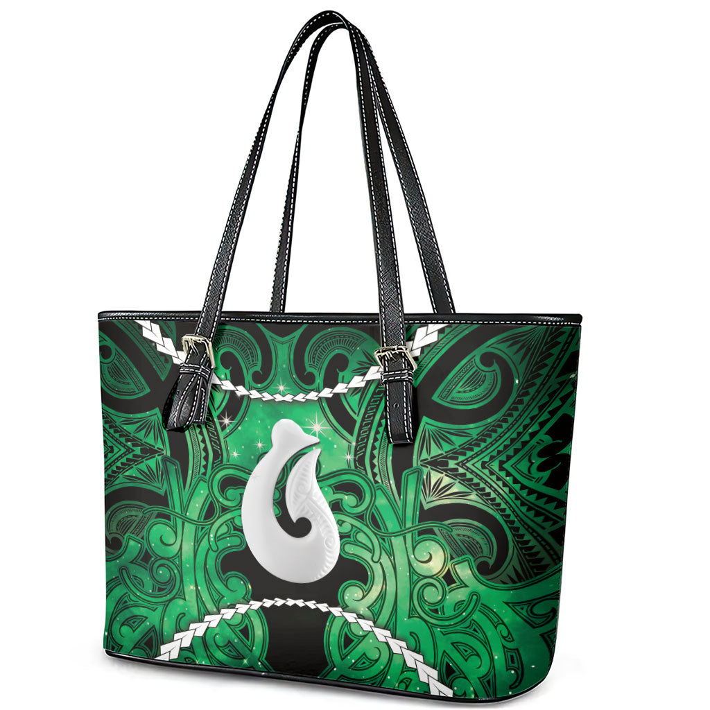 Maori Matariki Hei Matau Kakariki Leather Tote Bag Maori Kowhaiwhai Pattern Galaxy LT01 - Polynesian Pride