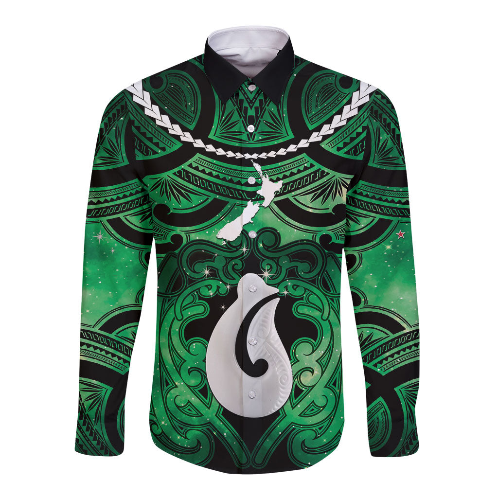 Personalised Maori Matariki Hei Matau Kakariki Long Sleeve Button Shirt Maori Kowhaiwhai Pattern Galaxy LT01 Unisex Green - Polynesian Pride