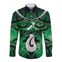 Personalised Maori Matariki Hei Matau Kakariki Long Sleeve Button Shirt Maori Kowhaiwhai Pattern Galaxy LT01 Unisex Green - Polynesian Pride