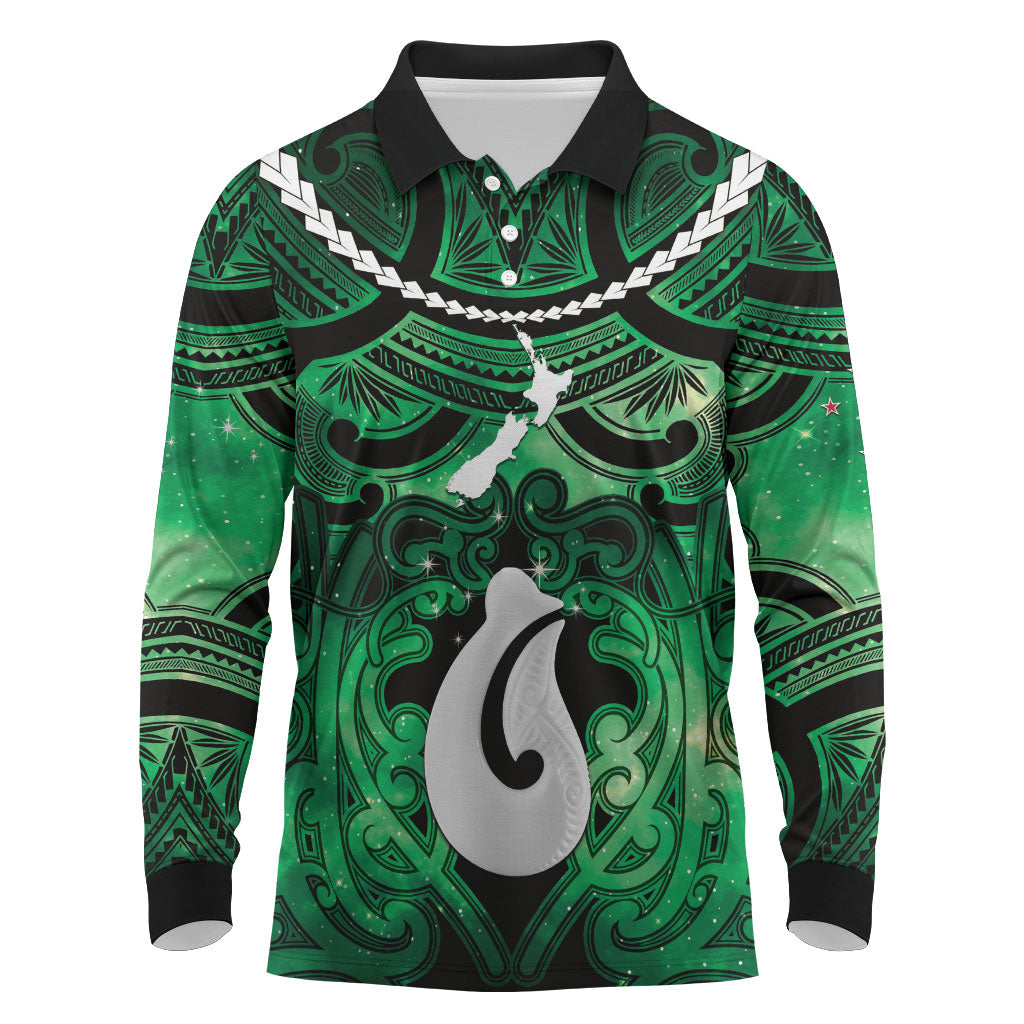 Personalised Maori Matariki Hei Matau Kakariki Long Sleeve Polo Shirt Maori Kowhaiwhai Pattern Galaxy