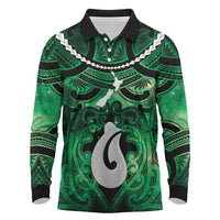 Personalised Maori Matariki Hei Matau Kakariki Long Sleeve Polo Shirt Maori Kowhaiwhai Pattern Galaxy LT01 Green - Polynesian Pride
