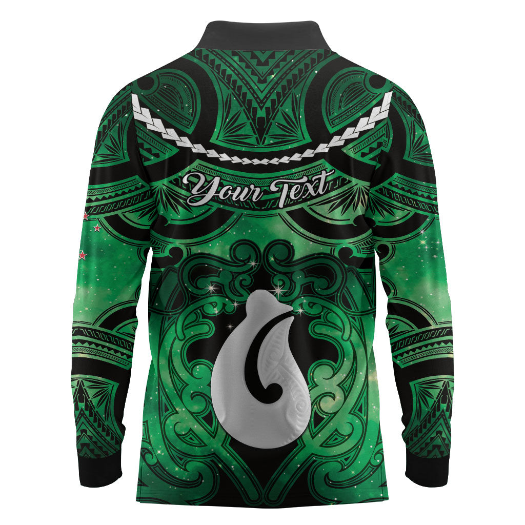 Personalised Maori Matariki Hei Matau Kakariki Long Sleeve Polo Shirt Maori Kowhaiwhai Pattern Galaxy LT01 - Polynesian Pride