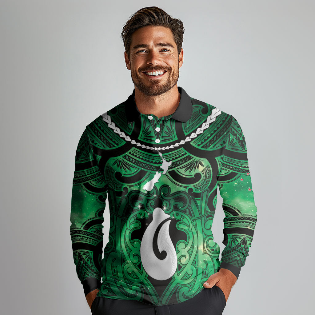 Personalised Maori Matariki Hei Matau Kakariki Long Sleeve Polo Shirt Maori Kowhaiwhai Pattern Galaxy LT01 - Polynesian Pride