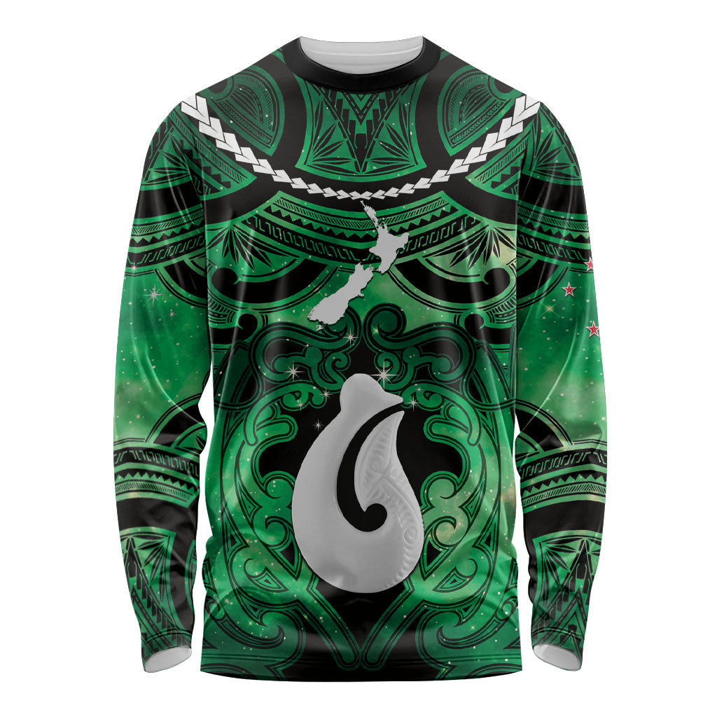Personalised Maori Matariki Hei Matau Kakariki Long Sleeve Shirt Maori Kowhaiwhai Pattern Galaxy LT01 Unisex Green - Polynesian Pride