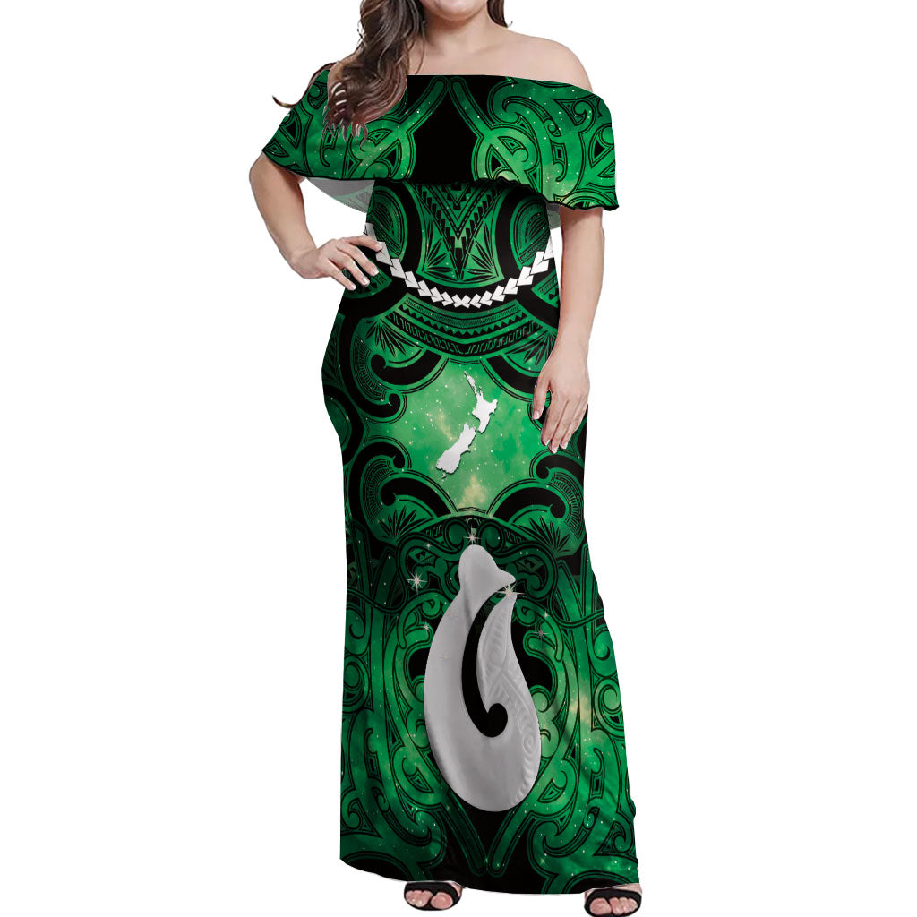 Personalised Maori Matariki Hei Matau Kakariki Off Shoulder Maxi Dress Maori Kowhaiwhai Pattern Galaxy LT01 Women Green - Polynesian Pride