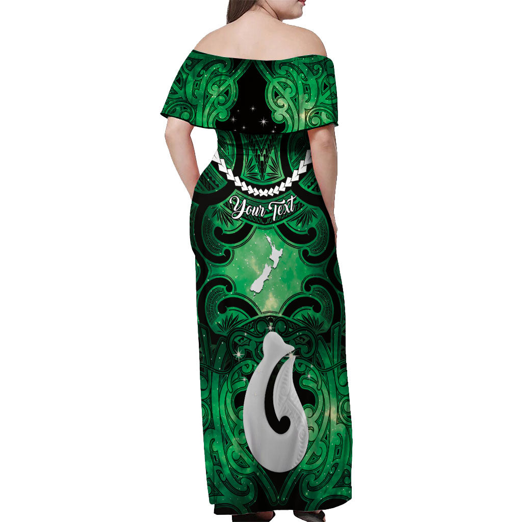 Personalised Maori Matariki Hei Matau Kakariki Off Shoulder Maxi Dress Maori Kowhaiwhai Pattern Galaxy LT01 - Polynesian Pride