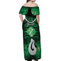 Personalised Maori Matariki Hei Matau Kakariki Off Shoulder Maxi Dress Maori Kowhaiwhai Pattern Galaxy LT01 - Polynesian Pride