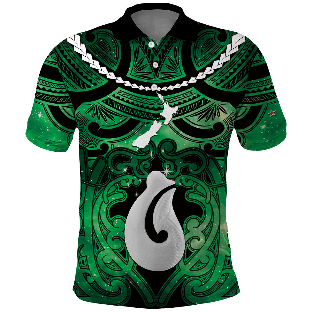 Personalised Maori Matariki Hei Matau Kakariki Polo Shirt Maori Kowhaiwhai Pattern Galaxy LT01 Green - Polynesian Pride