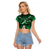 Personalised Maori Matariki Hei Matau Kakariki Raglan Cropped T Shirt Maori Kowhaiwhai Pattern Galaxy LT01 Female Green - Polynesian Pride