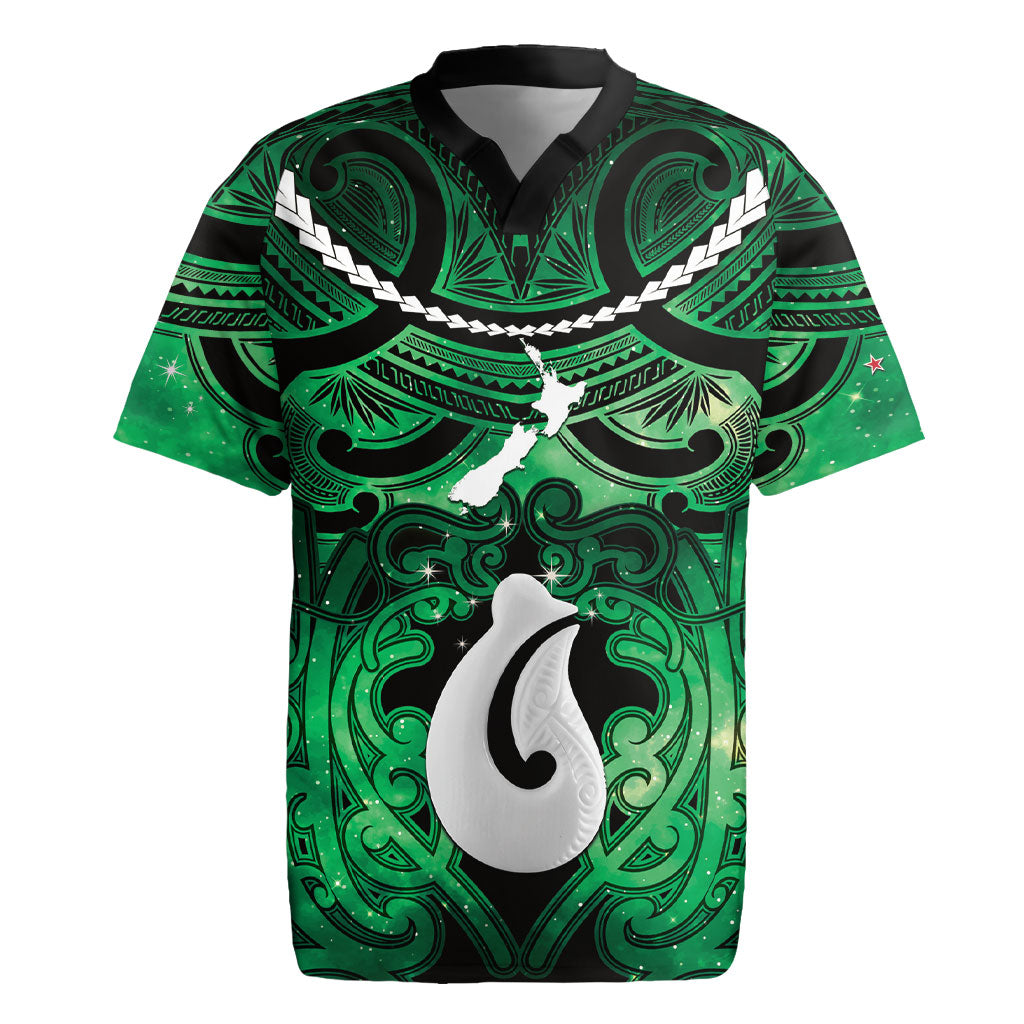 Personalised Maori Matariki Hei Matau Kakariki Rugby Jersey Maori Kowhaiwhai Pattern Galaxy LT01 Green - Polynesian Pride