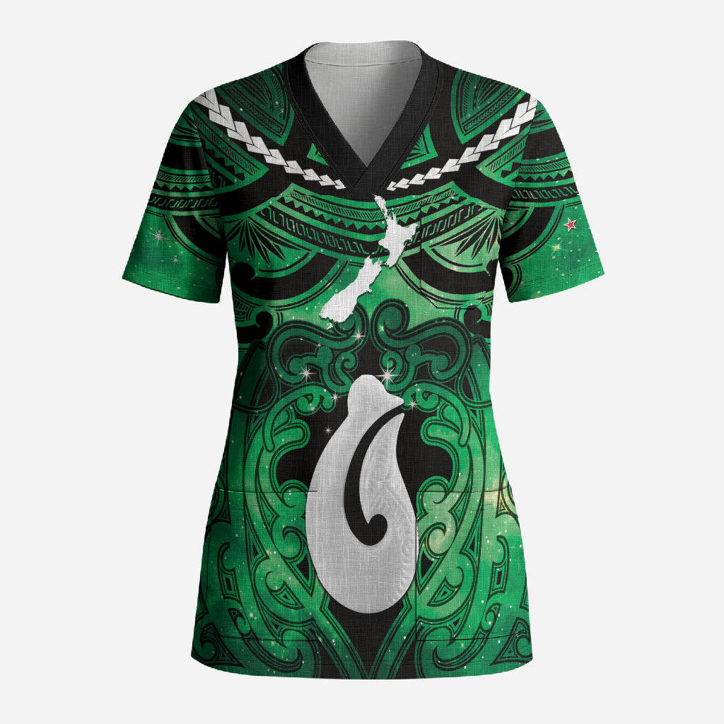 Personalised Maori Matariki Hei Matau Kakariki Scrub Top Maori Kowhaiwhai Pattern Galaxy LT01 Adult Green - Polynesian Pride