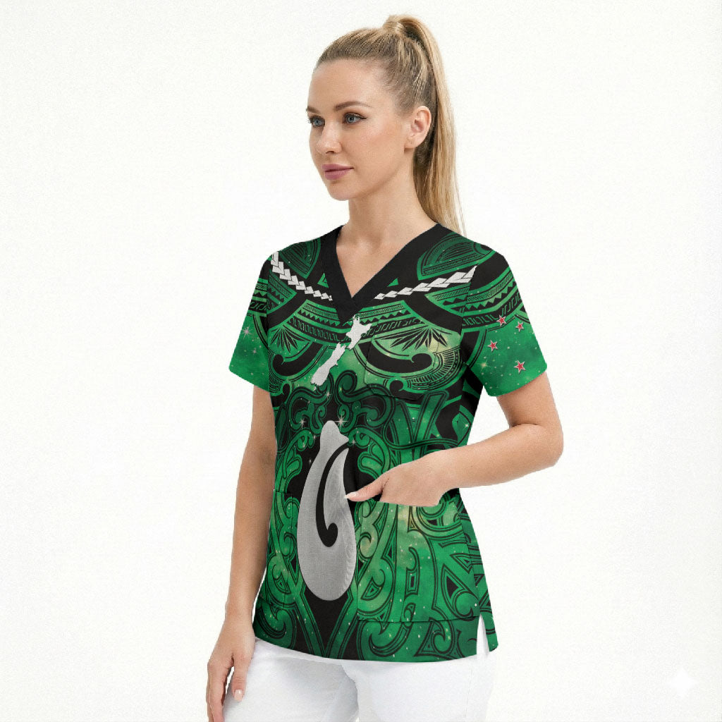 Personalised Maori Matariki Hei Matau Kakariki Scrub Top Maori Kowhaiwhai Pattern Galaxy LT01 - Polynesian Pride