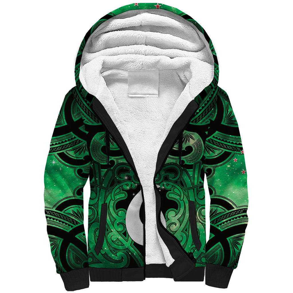 Personalised Maori Matariki Hei Matau Kakariki Sherpa Hoodie Maori Kowhaiwhai Pattern Galaxy LT01 Unisex Green - Polynesian Pride