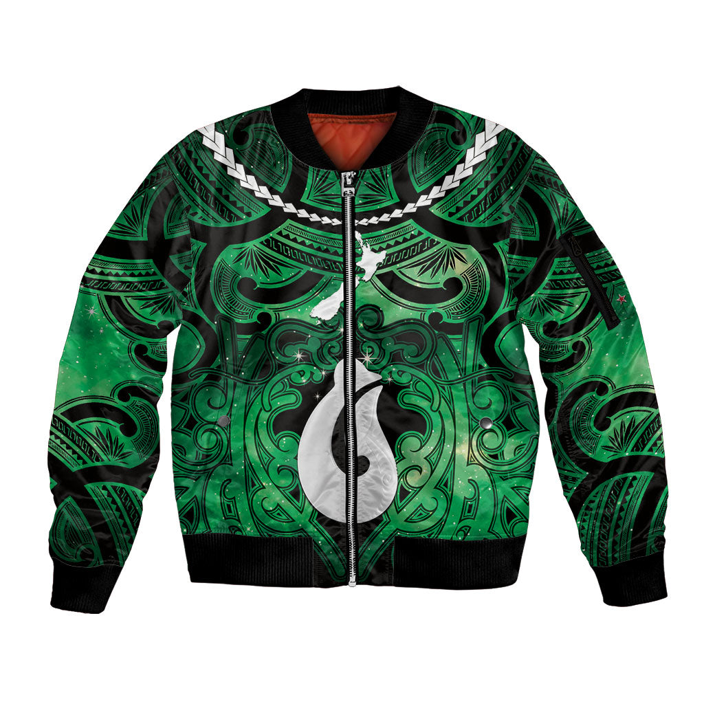 Personalised Maori Matariki Hei Matau Kakariki Sleeve Zip Bomber Jacket Maori Kowhaiwhai Pattern Galaxy LT01 Unisex Green - Polynesian Pride