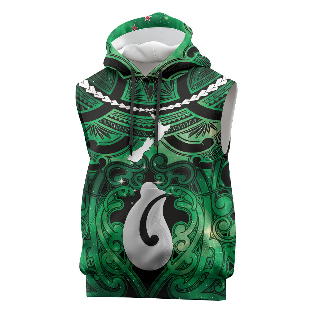 Personalised Maori Matariki Hei Matau Kakariki Sleeveless Hoodie Maori Kowhaiwhai Pattern Galaxy LT01 Green - Polynesian Pride