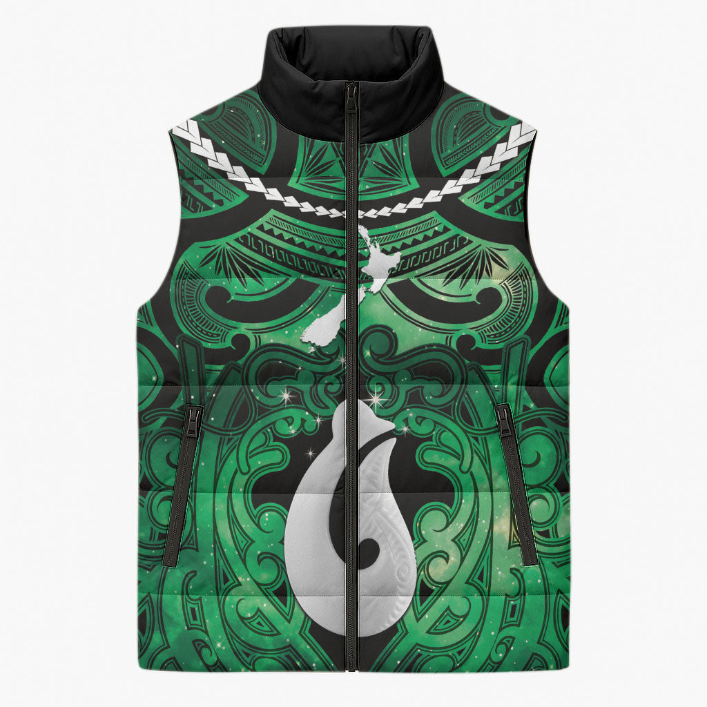 Personalised Maori Matariki Hei Matau Kakariki Sleeveless Puffer Jacket Maori Kowhaiwhai Pattern Galaxy LT01 Unisex Green - Polynesian Pride
