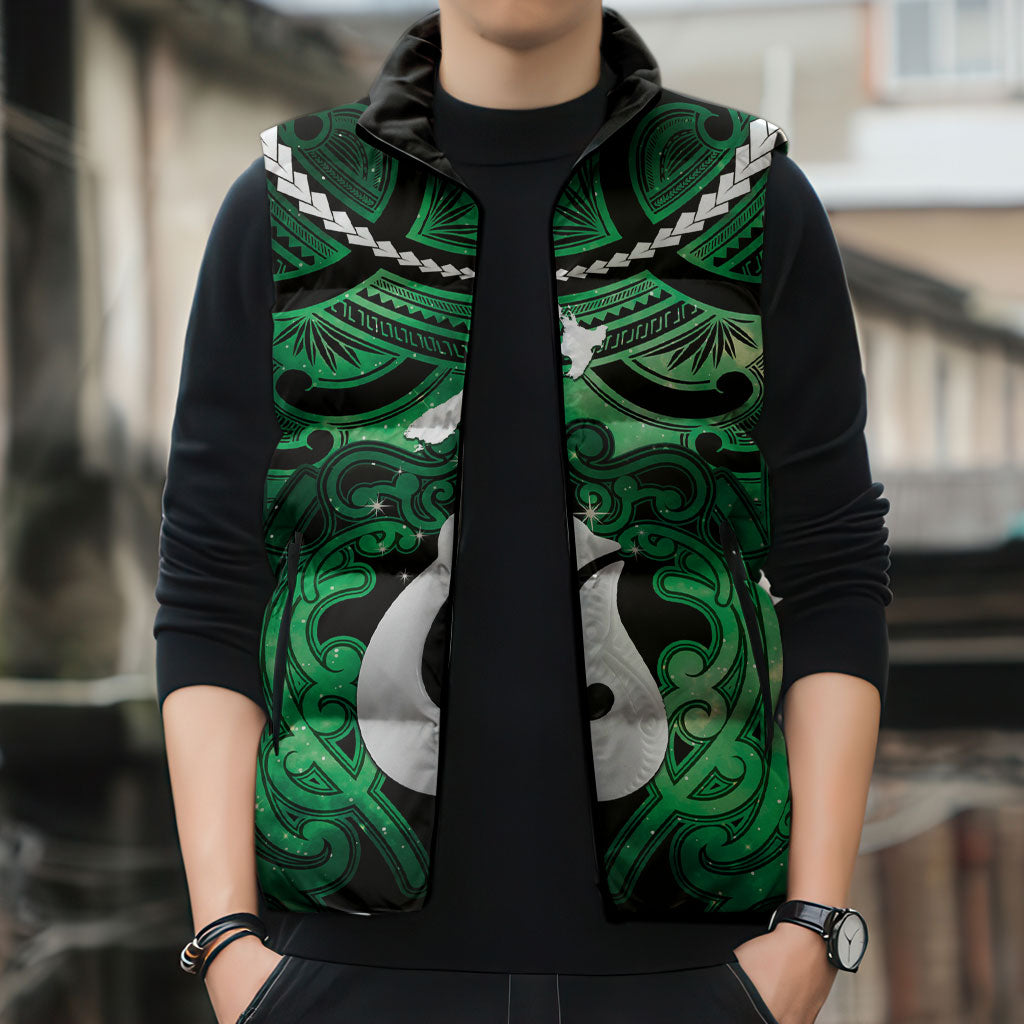 Personalised Maori Matariki Hei Matau Kakariki Sleeveless Puffer Jacket Maori Kowhaiwhai Pattern Galaxy LT01 - Polynesian Pride