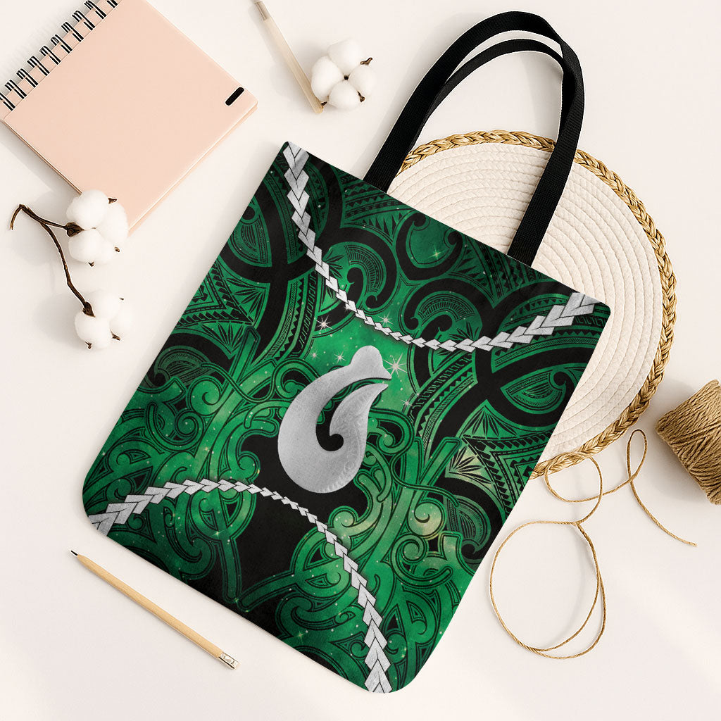 Maori Matariki Hei Matau Kakariki Tote Bag Maori Kowhaiwhai Pattern Galaxy LT01 Black Strap One Size Green - Polynesian Pride