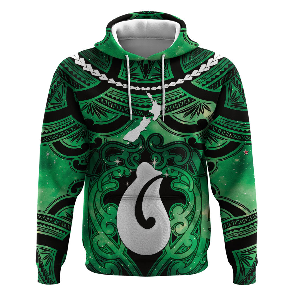 Personalised Maori Matariki Hei Matau Kakariki Zip Hoodie Maori Kowhaiwhai Pattern Galaxy LT01 Pullover Hoodie Green - Polynesian Pride