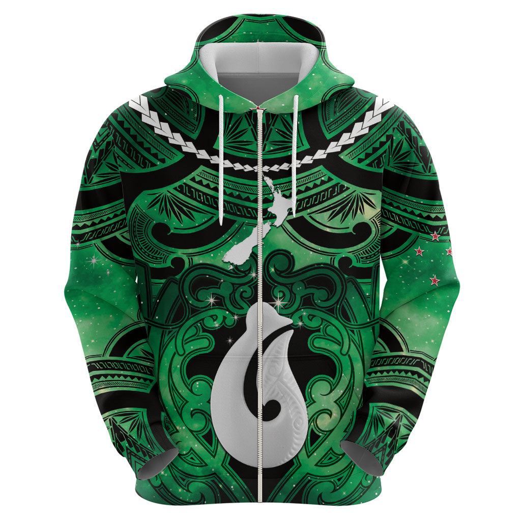 Personalised Maori Matariki Hei Matau Kakariki Zip Hoodie Maori Kowhaiwhai Pattern Galaxy LT01 - Polynesian Pride