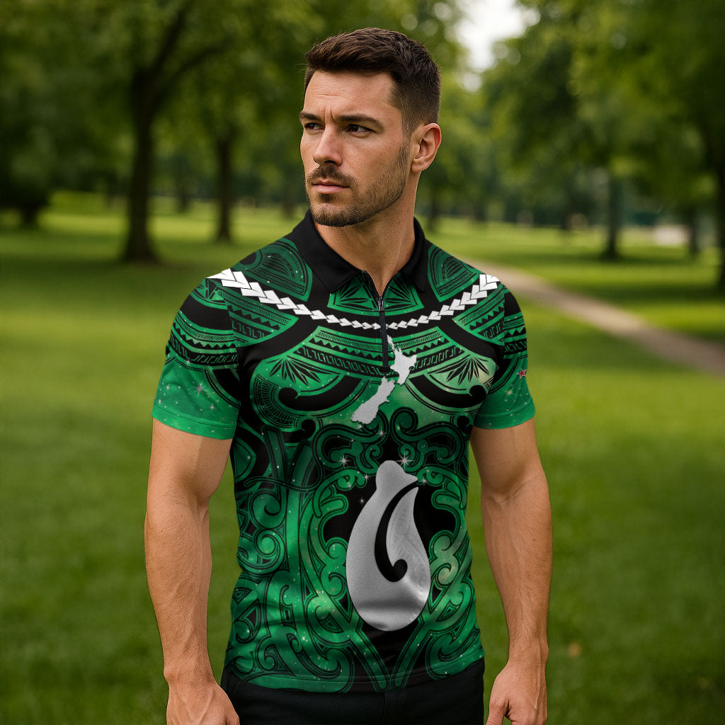 Personalised Maori Matariki Hei Matau Kakariki Zipper Polo Shirt Maori Kowhaiwhai Pattern Galaxy