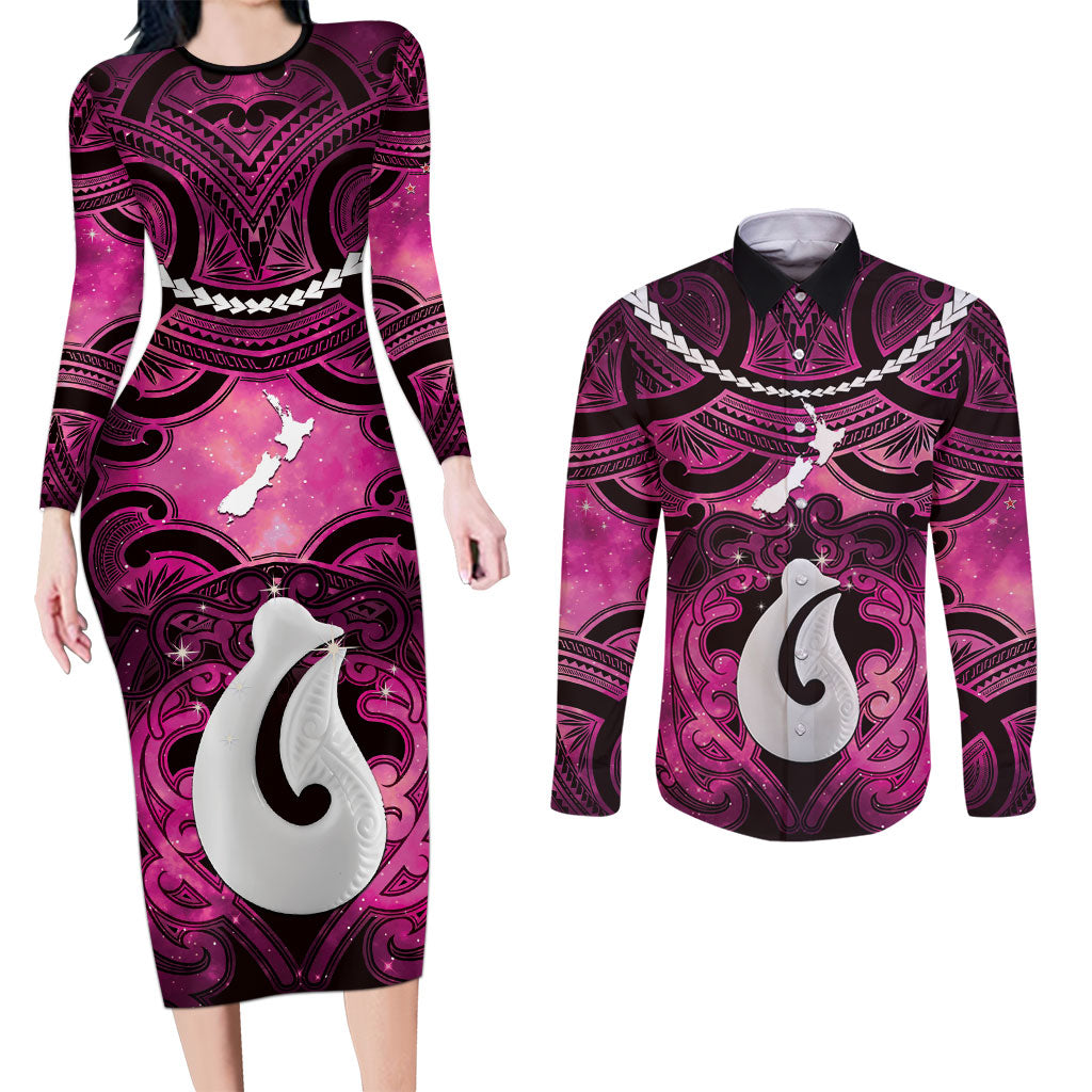 Personalised Maori Matariki Hei Matau Mawhero Couples Matching Long Sleeve Bodycon Dress and Long Sleeve Button Shirt Maori Kowhaiwhai Pattern Galaxy
