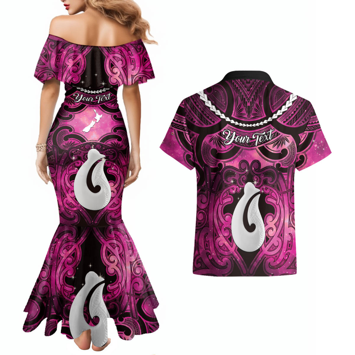 Personalised Maori Matariki Hei Matau Mawhero Couples Matching Mermaid Dress and Hawaiian Shirt Maori Kowhaiwhai Pattern Galaxy