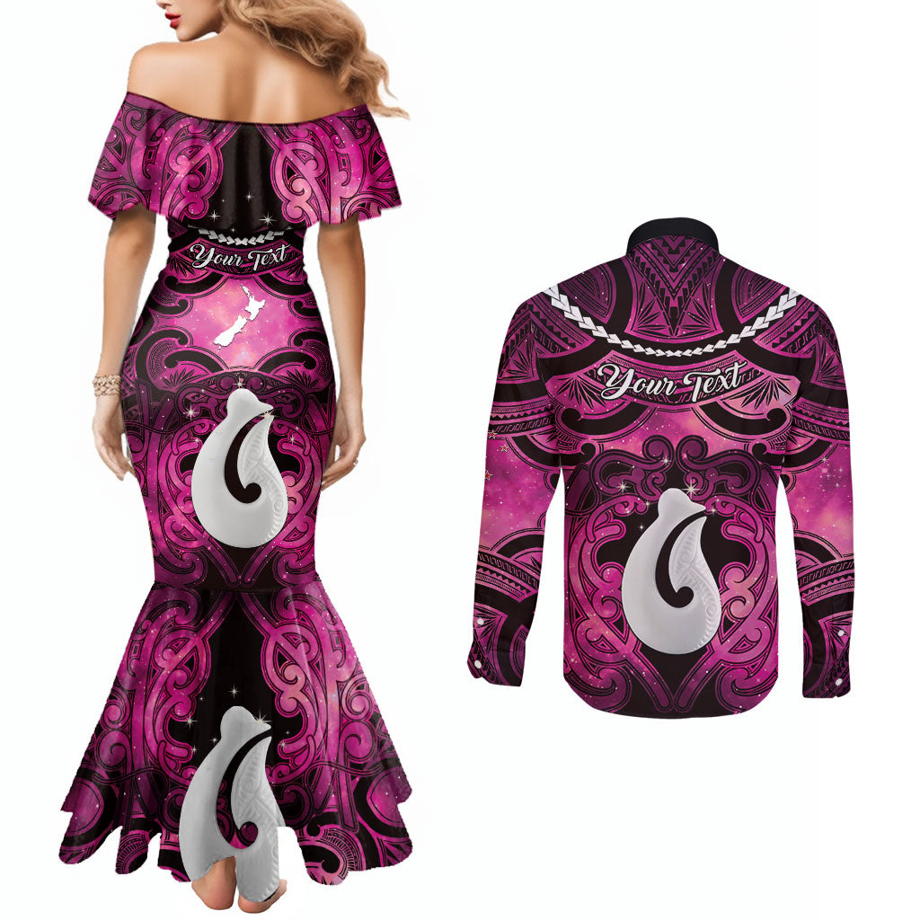 Personalised Maori Matariki Hei Matau Mawhero Couples Matching Mermaid Dress and Long Sleeve Button Shirt Maori Kowhaiwhai Pattern Galaxy