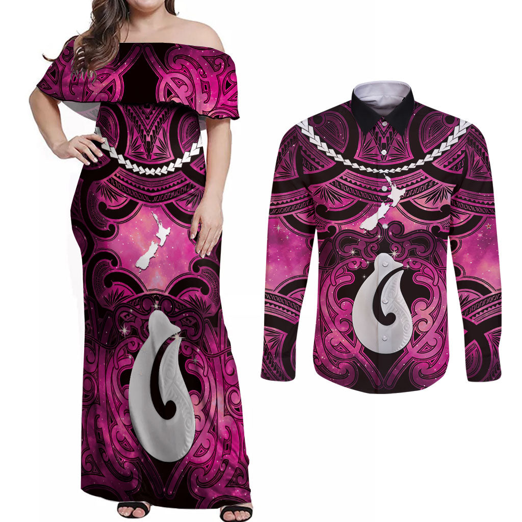 Personalised Maori Matariki Hei Matau Mawhero Couples Matching Off Shoulder Maxi Dress and Long Sleeve Button Shirt Maori Kowhaiwhai Pattern Galaxy LT01 Pink - Polynesian Pride