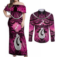 Personalised Maori Matariki Hei Matau Mawhero Couples Matching Off Shoulder Maxi Dress and Long Sleeve Button Shirt Maori Kowhaiwhai Pattern Galaxy
