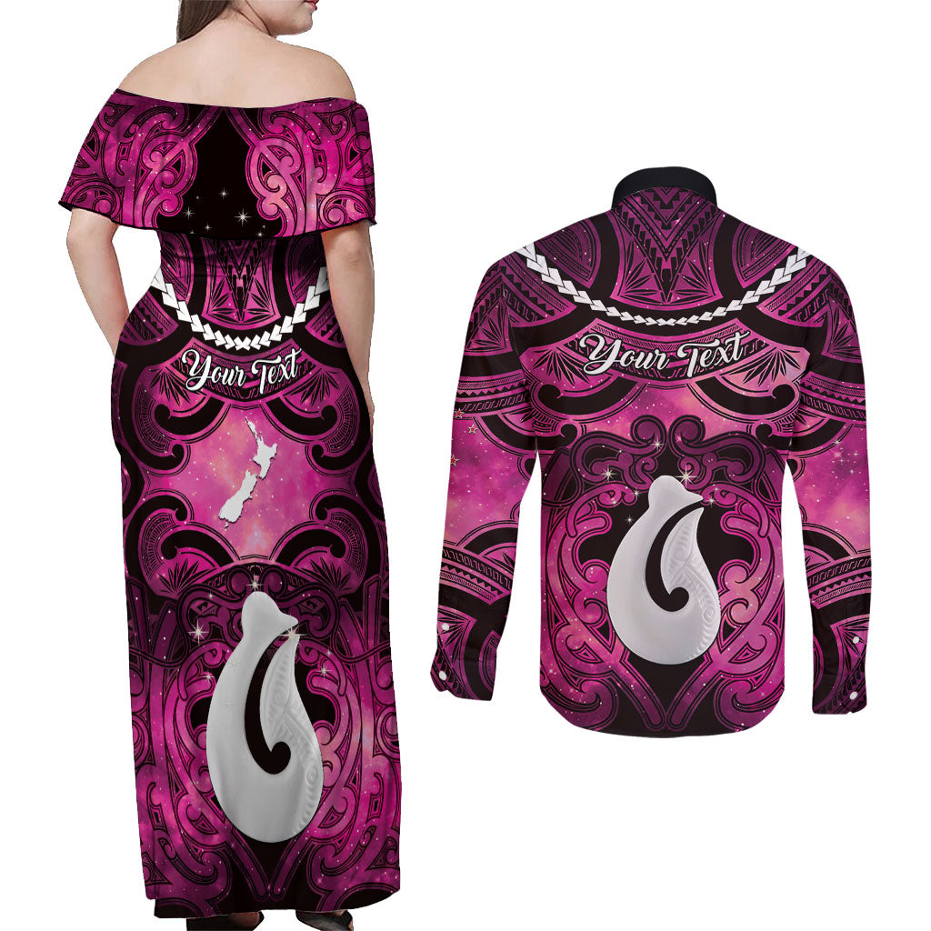 Personalised Maori Matariki Hei Matau Mawhero Couples Matching Off Shoulder Maxi Dress and Long Sleeve Button Shirt Maori Kowhaiwhai Pattern Galaxy